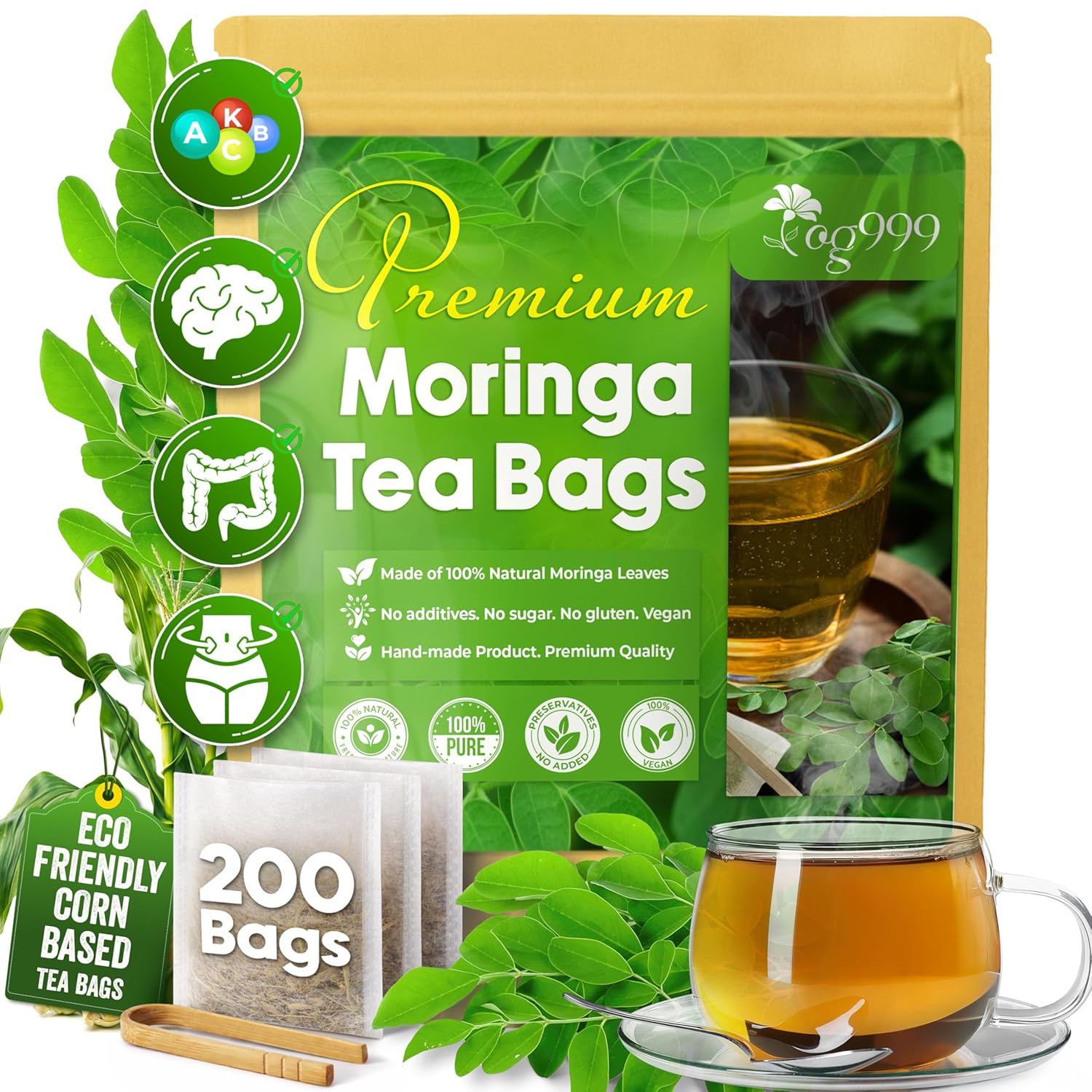 Moringa Leaf Tea Bags, 100% Natural & Pure from Moringa Leaves. Loose Leaf Moringa Herbal Tea. Moringa Leaf Tea. No Sugar, No Caffeine, No Gluten, Vegan