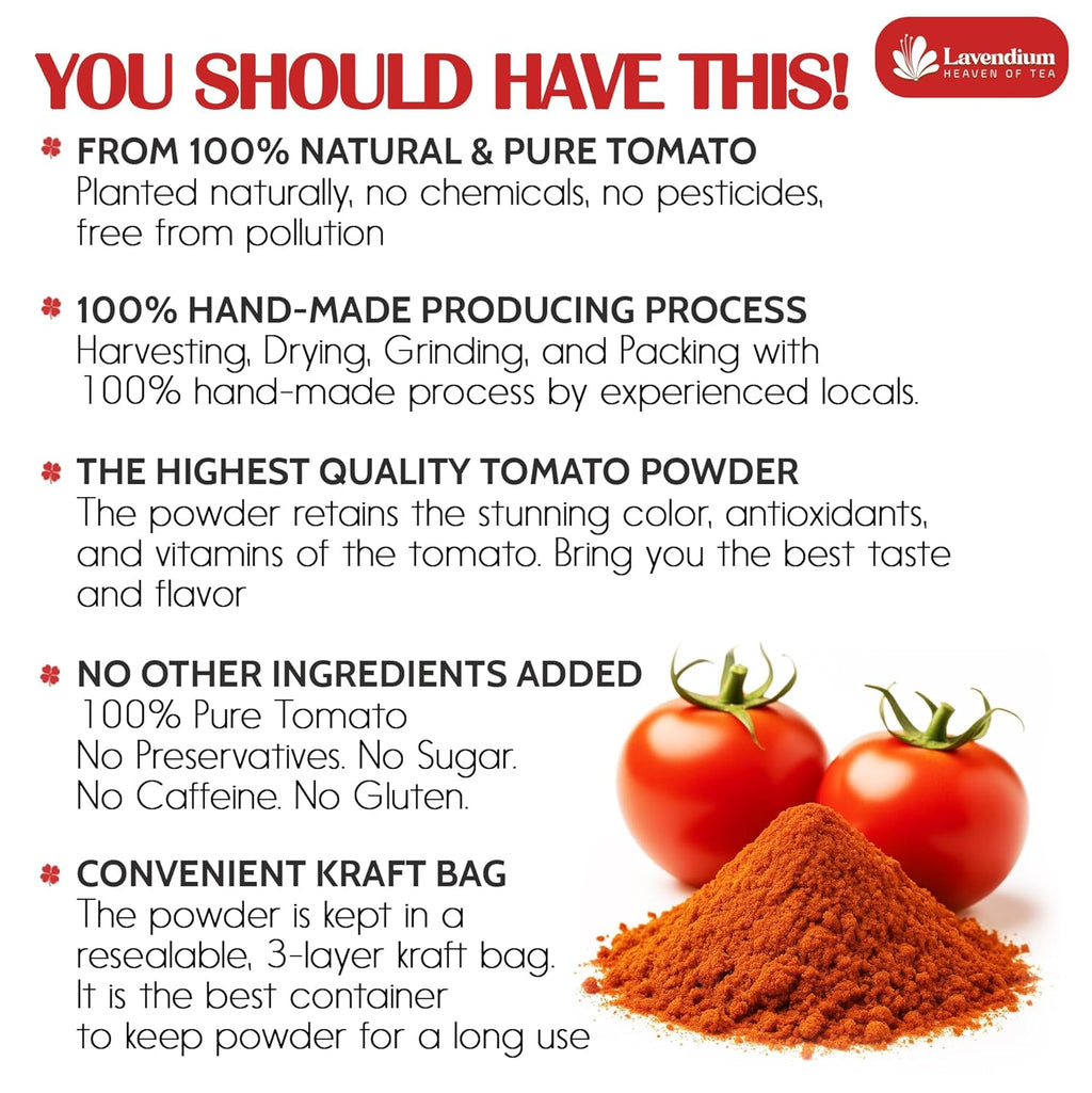 Premium Tomato Powder – 100% Pure Dehydrated Tomato – Non-GMO, Vegan, Gluten-Free, No Additives – Rich Color & Flavor – Great for Cooking, Seasoning, Sauces & More